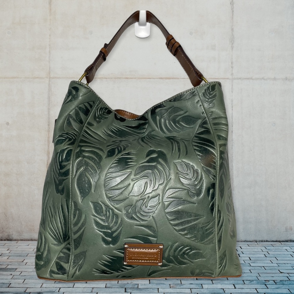 TIGNANELLO GREEN LEATHER LEAF PRINTED SATCHEL L12xW7xD12